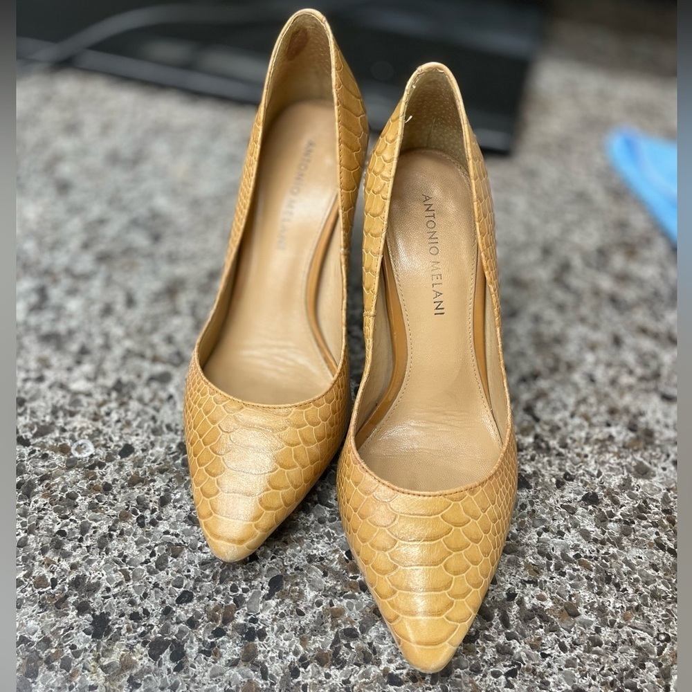 LEATHER UPPER AND SOCK Antonio Melani pointed toe heels TAN & BROWN